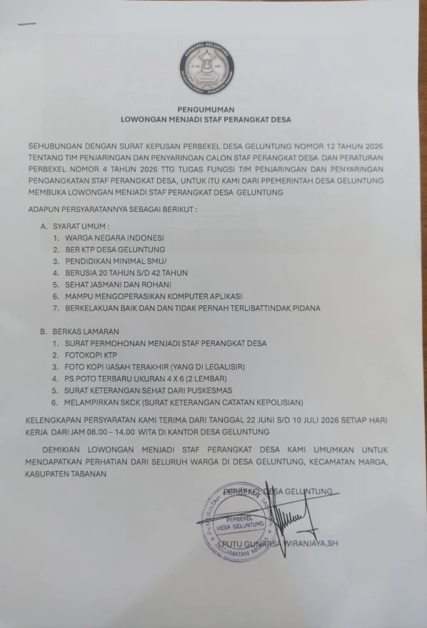 GELUNTUNG-15 JUNI 2026, PEREKRUTAN STAF PERANGKAT DESA